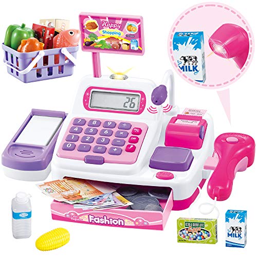 Buyger 34 Pezzi Registratore di Cassa Elettronico Supermercato Giocattolo con Scanner Calcolatrice e Microfono per Bambini con Luci e Suoni (Rosa)