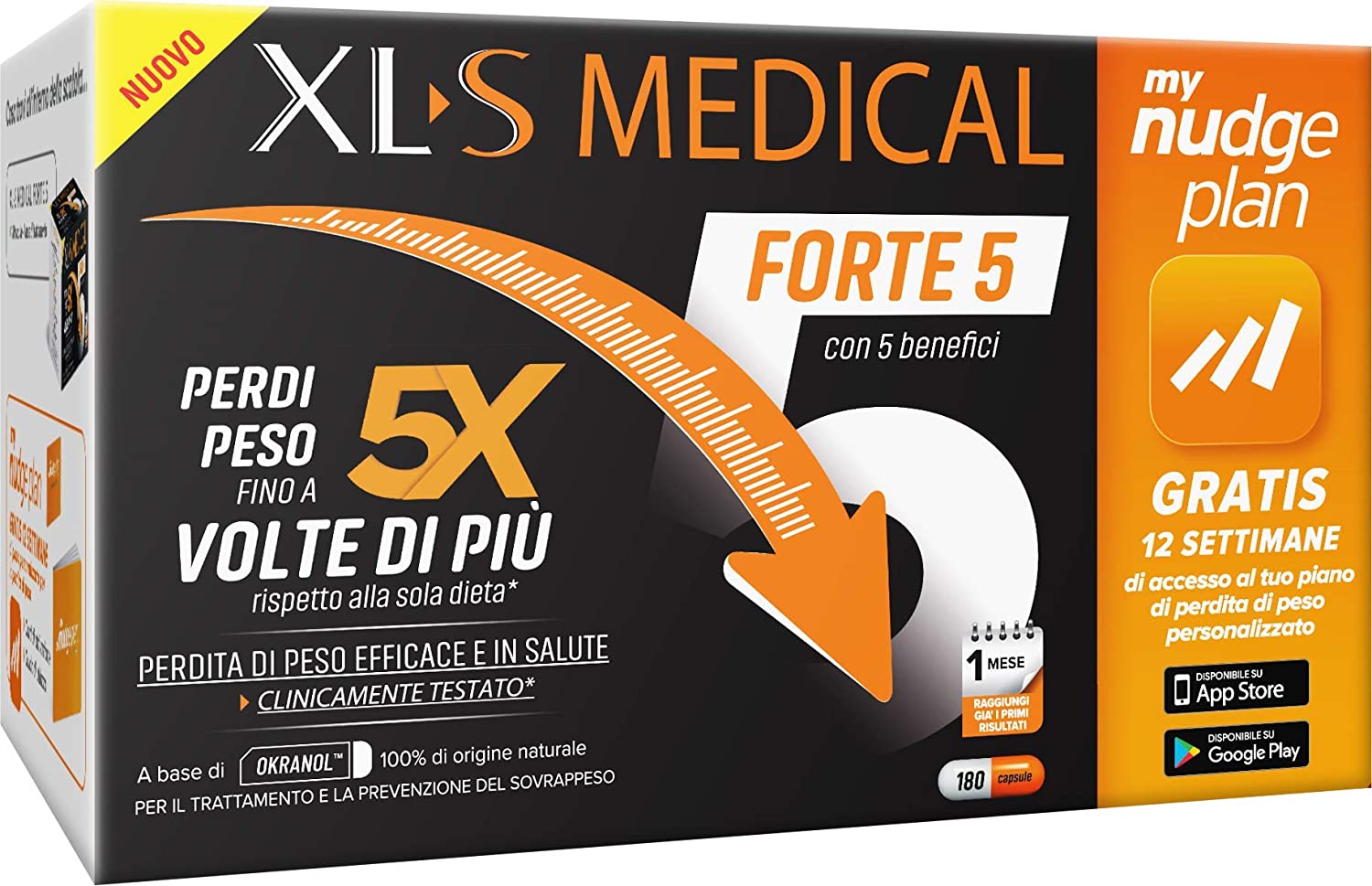 XL-S MEDICAL Forte 5 Pastiglie Dimagranti Forte, Trattamento Dimagrante con 5 Benefici in 1, App My Nudge Plan Inclusa, 180 Compresse