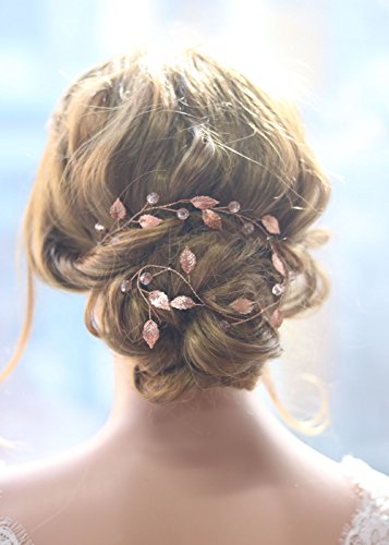 Gracewedding, accessorio per capelli stile rametto di foglioline, da matrimonio, stile vintage, dimensioni molto lunghe, colore oro rosa con foglioline e strass, 38 cm