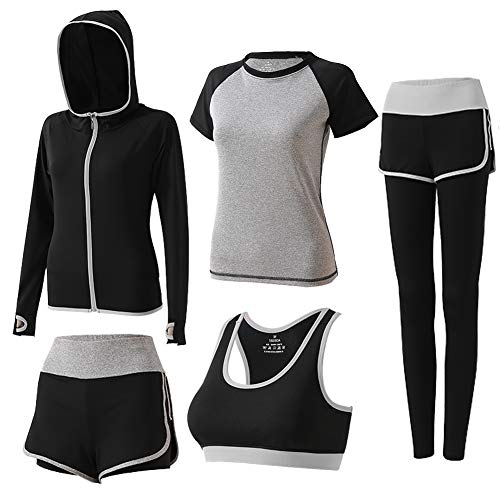 BOTRE 5 Pezzi Tute da Ginnastica Donna Tute Sportive Yoga Fitness Palestra Running Jogging Completi Sportivi Abbigliamento (Grigio 03, L)