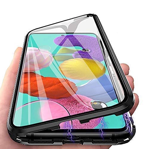 Cover per Samsung A71, Custodia Adsorbimento Magnetico Vetro Temperato Caso per Samsung Galaxy A71 CaseLover 360 Gradi Protettiva Intero Flip Trasparente Cover con Metal Bumper Magnetico Case, Nero