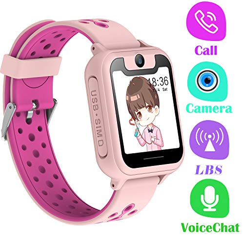 Orologio Telefono LBS Bambini - Smartwatch con LBS Tracker Posiziona Fotocamera Gioco di Matematica Torcia Elettrica per Regalo Cresima Ragazzo Ragazza (LBS, Rosa)