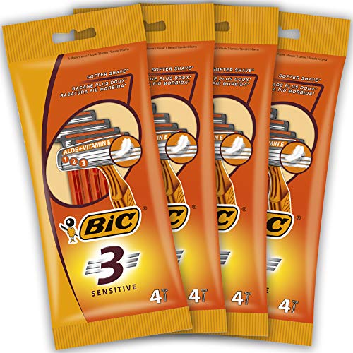 BIC RAZORS 3 Sensitive Rasoi Usa e Getta da Uomo, Confezione da 4 Pacchi a 4 Pezzi