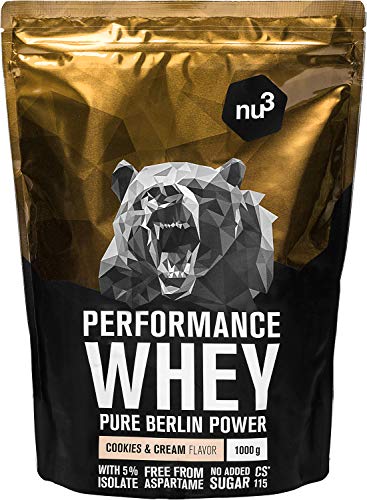 nu3 Performance Whey Protein in Polvere 1kg - Polvere Proteica con Proteine del Siero del Latte Buona Solubilità - 74,3% Proteine - 22,3% BCAA - CS 115 Senza Aspartame - Gusto Cookie + Crema