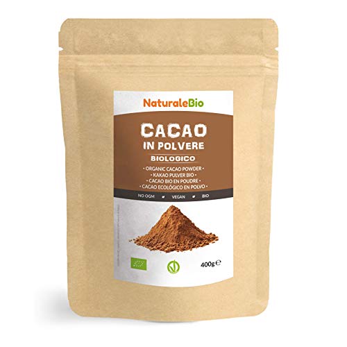 Cacao Biologico in Polvere 400g. 100% Bio, Naturale e Puro da Fave Crude. Prodotto in Perù dalla Pianta Theobroma Cacao. Lavorato a basse temperature. Fonte di Magnesio, Fosforo e Zinco. NaturaleBio
