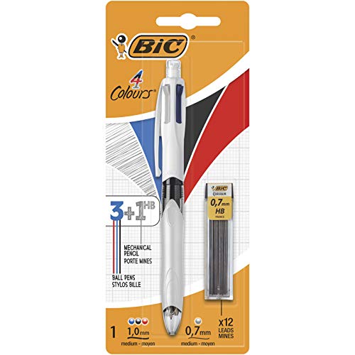 BIC 4 Colours Multifunction, Penna a Sfera a Scatto, 3 Colori + 1 Mina HB, Pacco da 1 Penna + 12 Ricariche Mine da 0.7 mm