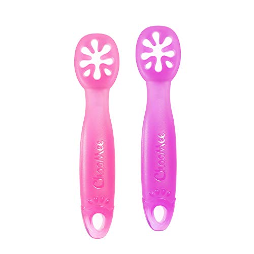 ChooMee FlexiDip Baby Starter Spoon | Platinum Silicone | First Stage Teething Friendly Learning Utensil | 2 CT | Pink Purple