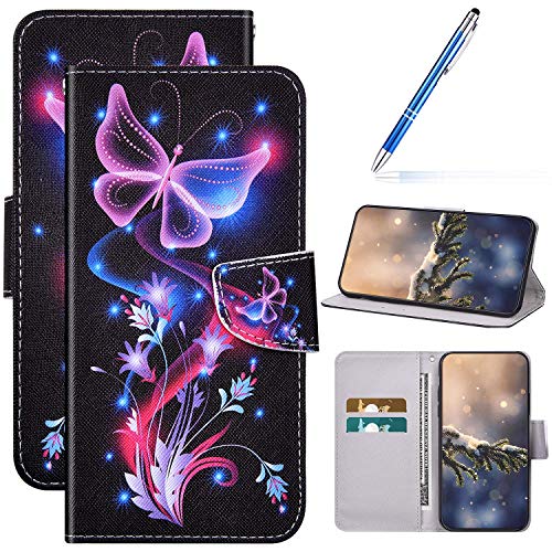 Cover Compatibile con Huawei Y5 2019 Custodia Flip Cover in PU Pelle Portafoglio Custodia Magnetica Disegni Wallet Cover Antiurto Kickstand Soporto Slot per Schede Chiusura,Farfalla fluorescente