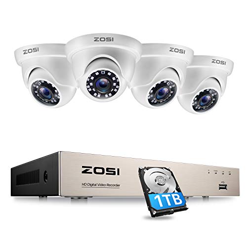 ZOSI 8CH DVR CCTV 1080N HD Sistema di telecamere di sicurezza TVI con (4) telecamere dome di sorveglianza da interno/esterno 1080P da 2MP, visione notturna da 80piedi, HDD da 1 TB