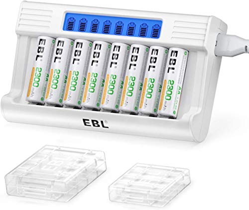 EBL Caricabatterie Indipendenti con LED Display, Caricatore con 5V 2A Funzione di Ricarica Rapida, Confezione con 8 pcs AA Batterie Ricaricabili