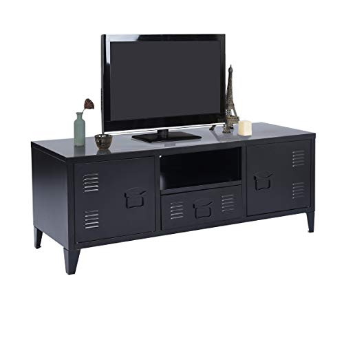 Mobiletto da salotto, grande spazio, 1 cassetto, 2 ante, in metallo, per ufficio, armadio, credenza portaoggetti, mobile televisione, colore: nero, 120 x 40 x 48 cm