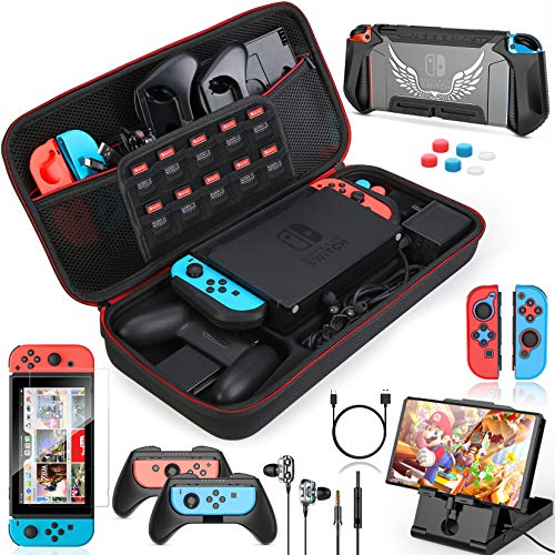 HEYSTOP Kit Accessori 16 in 1 per Nintendo Switch, Include Custodia Switch, Cover Protettive e Pellicola Protettiva, Joycon Grip, Auricolare, Joy con Cover, Supporto, Thumb Grip, Cavo USB