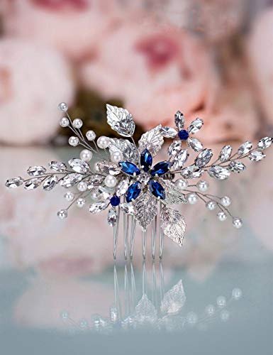 Anglacesmade - Pettine per capelli da sposa, con cristalli di zaffiro, colore: blu perla e foglia di cristallo marquise