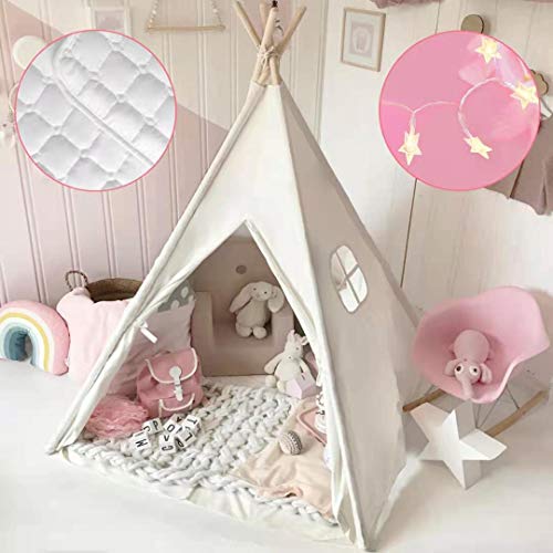 Tiny Land® Tenda Gioco Bambina Teepee per Bambini in Tela di Cotone con tappetino imbottito & leggera & custodia per il trasporto Bianco sporco Alto 1,65 m