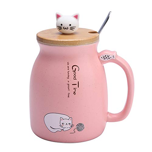 TOPINCN Tazza in Ceramica Lovely Cat Solid con Cucchiaio e Coperchio in Legno Coffee Milk Milk Mug per Drinkware Gift Office Home (Rosa)
