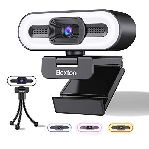 Bextoo Webcam 1080P, Webcam per PC con Luce ad Anello a 3 Colori e Microfono Stereo, per Streaming, Autofocus, Plug and Play, Adatta per Riunioni, Corsi Online, Videochiamate e Giochi