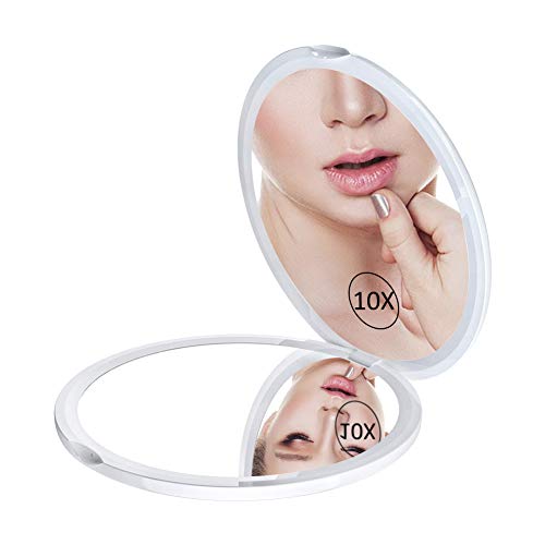 WEILY Specchio per trucco portatile tascabile, ingrandimento pieghevole 1X/10X e regolabile a 180 ° ， Mini specchio da viaggio tondo per donna (10X, Bianco)