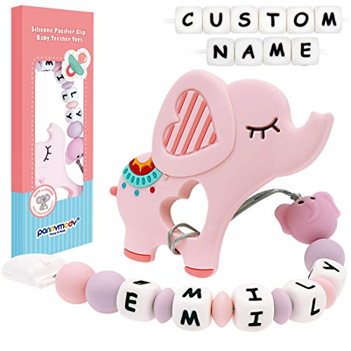 Clip portaciuccio Panny & Mody Nome personalizzato con massaggiagengive elefante, giocattoli per la dentizione in silicone senza BPA Regali per neonati personalizzati per neonate (Rosa)