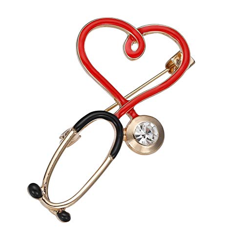 bijouxmodefashion - Spilla in acciaio stetoscopio medico, dottore e cuore rosso