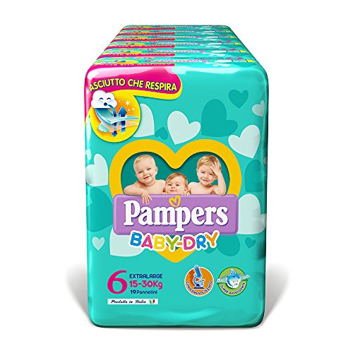 Pampers Baby Dry Pannolini Extralarge, Taglia 6 (15-30 kg), 6 Confezioni da 19 (114 Pannolini)