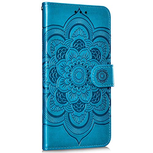 Saceebe Compatibile con Galaxy A50 Custodia pelle Cover a libro Portafoglio Flip Case [Custodia in pelle con fiore mandala e cordino] 360 Grado anteriore e posteriore Pelle Bumper Case,blu