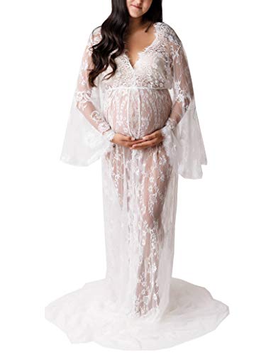 Arbres - Vestito premaman in pizzo, per servizi fotografici, maternity gown split frontalino bianco Taglia unica
