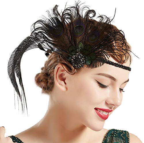 ArtiDeco Fascia per capelli da donna anni '20, con piume di pavone, ispirata a Great Gatsby Pavone scuro Taglia unica