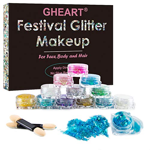 Glitter, Set di gel glitterato Trucco Cosmetico Glitter Paillette Capelli, viso, corpo, labbra, ombretto e unghie, Festival Glitter Makeup Faccia Glitterata 12 pcs