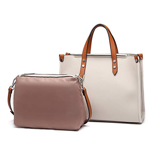 Miss Lulu Pelle sintetica Borse da donna Borsa da lavoro superiore Borsa a tracolla Tote da donna 2pz Set di cartelle (Beige)