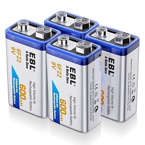 EBL 9V Batterie Ricaricabili da 600mAh Li-ion,6F22 9V Ricaricabili Senza l'Effetto della Memoria Anche è Auto-Scarica Bassa,Confezione da 4 pezzi