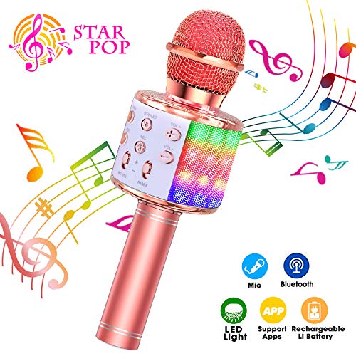 ShinePick Microfono Karaoke, 4 in 1 Bluetooth Wireless LED Flash Microfono Portatile Karaoke Player con Altoparlante per Android/iOS, PC e Smartphone(Oro Rosa)