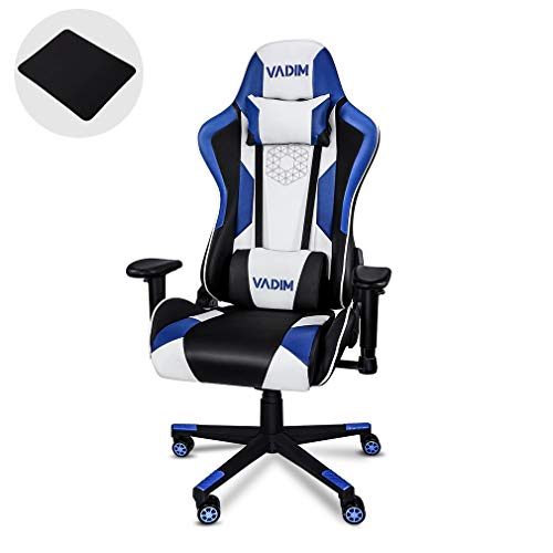 VADIM Sedia da ufficio Racing Sport Ergonomica, Sedia da ufficio Gaming Blu e Bianco, Schienale sedile Gamer inclinabile a 155°, Braccioli 2D, Altezza regolabile, Pu per PC Gamer