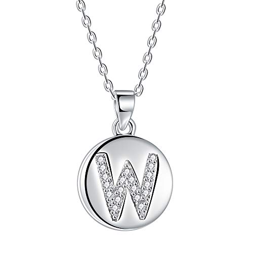 Collana da donna con lettera iniziale W, pendente a disco in argento 925 con zirconi cubici AAA, lunghezza catena 40 + 5 cm