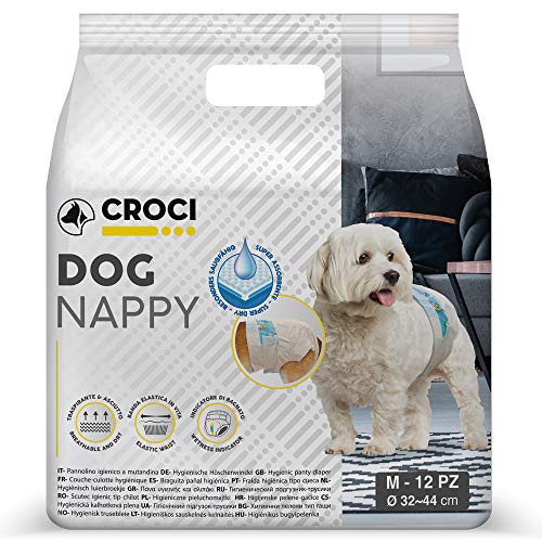 CROCI DOG NAPPY, Pannolino per Cani, per femmine in calore, cuccioli non ancora addomesticati, incontinenza, 12 Pezzi, Taglia M