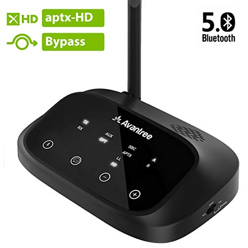 Avantree Oasis Plus aptX HD Bluetooth 5.0 Trasmettitore Ricevitore per TV, Bassa Latenza, Adaattatore Audio senza fili per Cuffie, Lunga Portata, Guida Vocale, Touch Screen, Splitter Per Filo Wireless