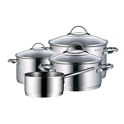 WMF Provence Plus Set di pentole, 4 pezzi, pentola per arrosto, pentole per carne, casseruola, con manico, con bordo per versare, coperchio in vetro, in acciaio inossidabile lucidato Cromargan, adatte per piani a induzione, lavabili in lavastoviglie