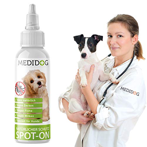 Medidog - Spoton naturale per cani, 50 ml, protezione contro zecche, pulci e acari, protezione naturale per cani, zecche, antipulci per 24 mesi