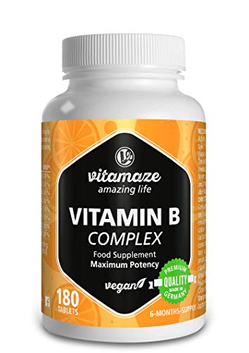 Vitamaze® Vitamina B Complex Alto Dosaggio, 180 Compresse Vegan 6 Mesi di Assunzione, B1, B2, B3, B5, B6, B7, B9, B12 Pura, Qualità Tedesca, Integratore Alimentare senza Additivi non Necessari
