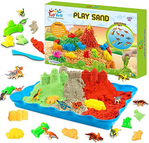 Toyvelt Play Sand Dinosaur Toys, And Dinosaur Figures Set - Set incl 14 Molds And 3 Bags of Sand Extra 12 Dinosaur Toys - Gift for Boys And Girls Age 3 -12 Years Old