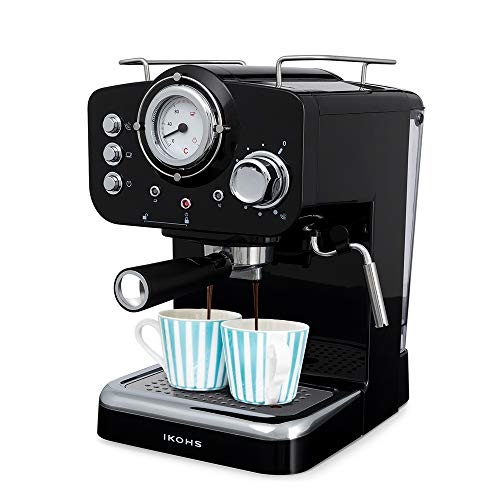 IKOHS THERA RETRO - Macchina del Caffè Express per caffè espresso e cappuccino, 1100 W, 15 bar, vaporizzatore regolabile, capacità 1,25 l, caffè macinato e monodose, con doppia uscita (Nero)