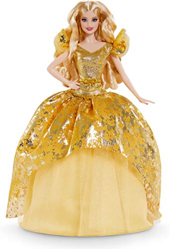Barbie- Signature Magia delle Feste 2020, Bambola da 30.5 cm Bionda con Abito Dorato, Piedistallo e Certificato di Autenticità Giocattolo per Bambini 6+ Anni, GHT54