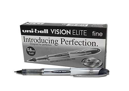 Penna rollerball UB-200 Vision Elite Medium, inchiostro nero Uni-ball Super Ink, a prova di manomissione, sfera da 0,8 mm, confezione da 12 pezzi