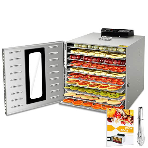 Kwasyo Acciaio Inossidabile Essiccatori per Alimenti, 10 scomparti Con Display LCD, 24 ore Timer, 30-90°C Temperatura Regolabile,1000W Essiccatore di Frutta e Verdura (10 Piani)