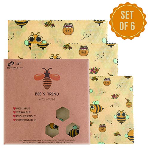 Bee's Trend - Set di 6 involucri in cera d'api, completamente naturale, senza sprechi, involucri per formaggio e panini, lavabili Beige (Bees Pattern)