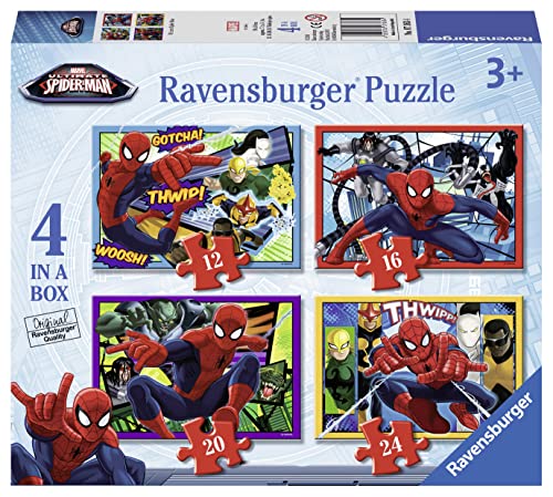 Ravensburger Puzzle, Ultimate Spider-Man, 4 Puzzle in a Box, 12-16-20-24 Pezzi, Puzzle per Bambini, Puzzle Spiderman, Età Consigliata 3+ Anni