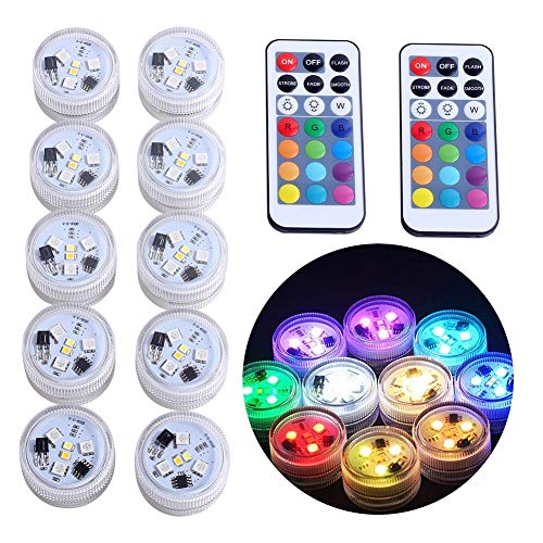 10 candele a LED subacquee con 2 telecomando, colore bianco caldo RGB, luci d'atmosfera impermeabili per laghetto, fontana, vaso, festa di nozze, decorazione da tavolo (RGBW).