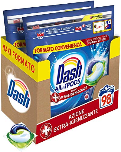 Dash Pods Allin1 Detersivo Lavatrice in Capsule Igienizzante, Maxi Formato da 49 x 2 Pezzi, 98 Lavaggi