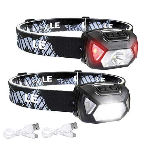 LE Lampada Frontale LED da Testa D500 (2 Pezzi), Lampada da Testa USB Ricaricabile 2000 Lux Torcia LED, 6 Modalità di Luce, IPX6 Impermeabile, per Campeggio, Corsa, Jogging, Pesca