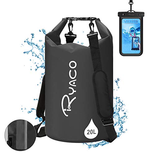 Ryaco Borsa Impermeabile, 20L Dry Bag/Sacco Sacchetto Impermeabile con Cinghia Regolabile Lungo per Kayak Tour in Barca Canoa/Pesca/Rafting/Nuoto/Snowboard (20L, Nero)