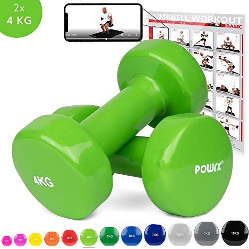 POWRX - Manubri Pesi Vinile 8 kg Set (2 x 4 kg) + PDF Workout (Verde)